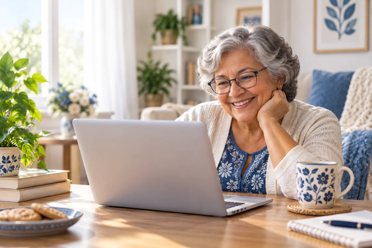 An older woman enjoying time on her laptop at home.